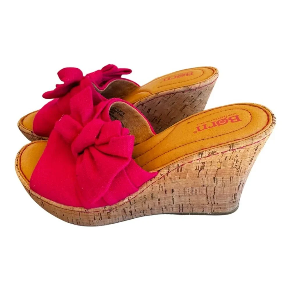 NWT Born Fuchsia Pink Bow Slide Wedge Sandals Size 8